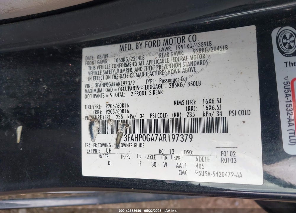 2010 FORD FUSION VIN: 3FAHP0GA7AR197379
