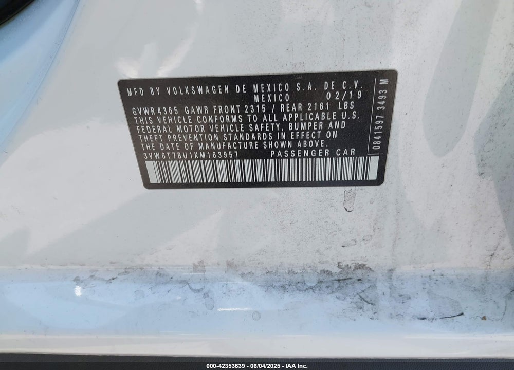 2019 VOLKSWAGEN JETTA VIN: 3VW6T7BU1KM163957