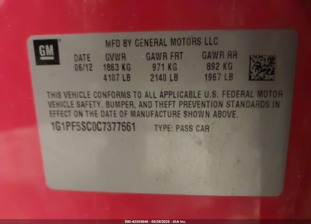 2012 CHEVROLET CRUZE VIN: 1G1PF5SC0C7377661