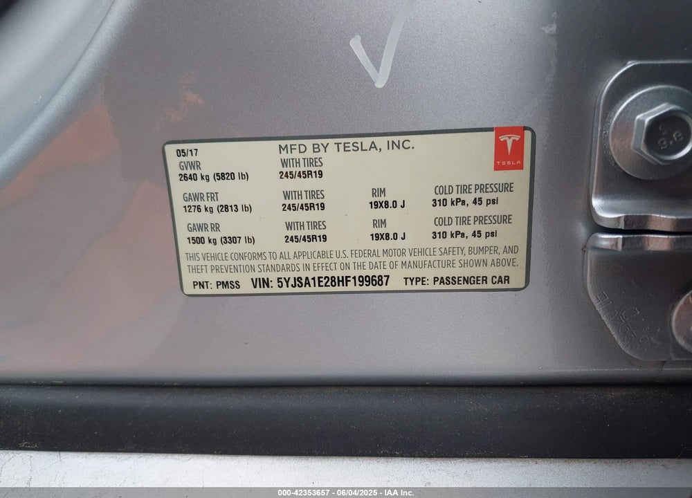 2017 TESLA MODEL S VIN: 5YJSA1E28HF199687