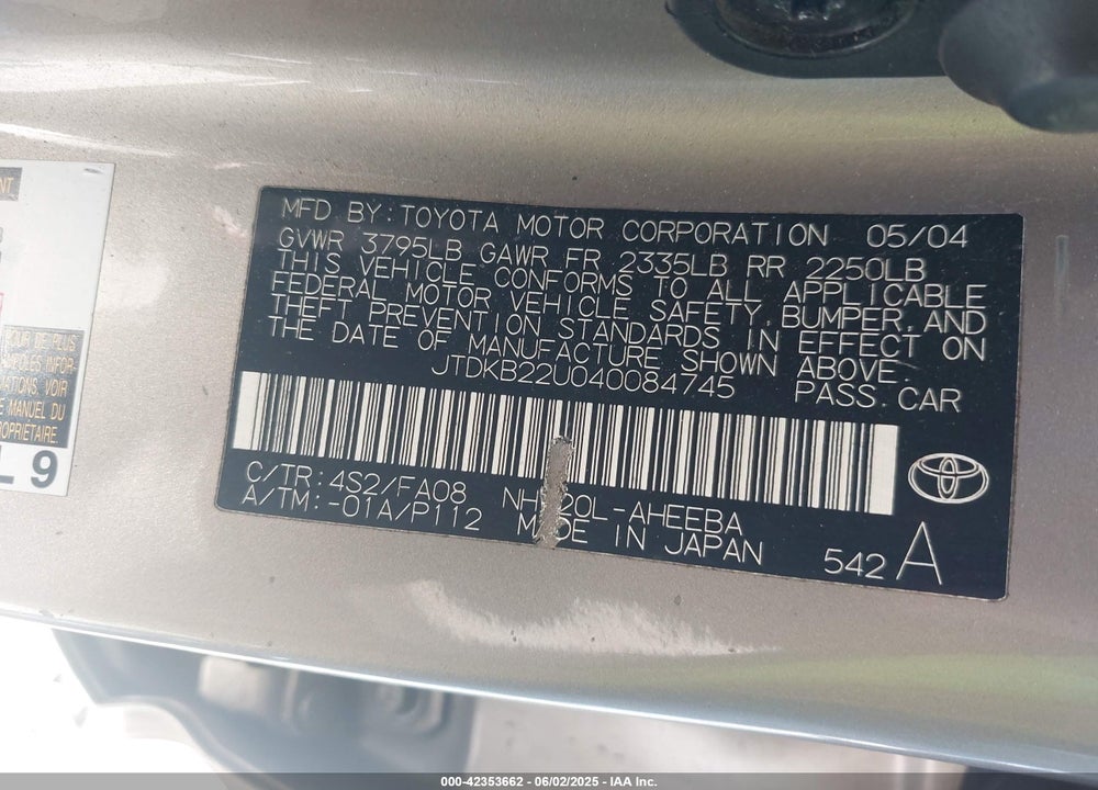 2004 TOYOTA PRIUS VIN: JTDKB22U040084745