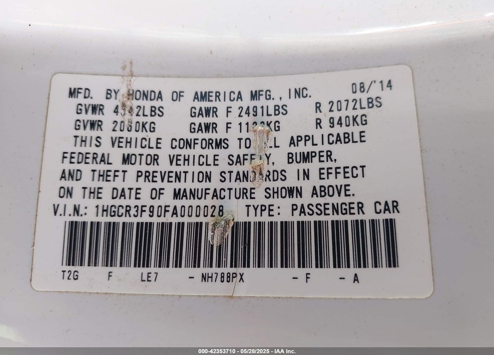 2015 HONDA ACCORD TOURING VIN: 1HGCR3F90FA000028