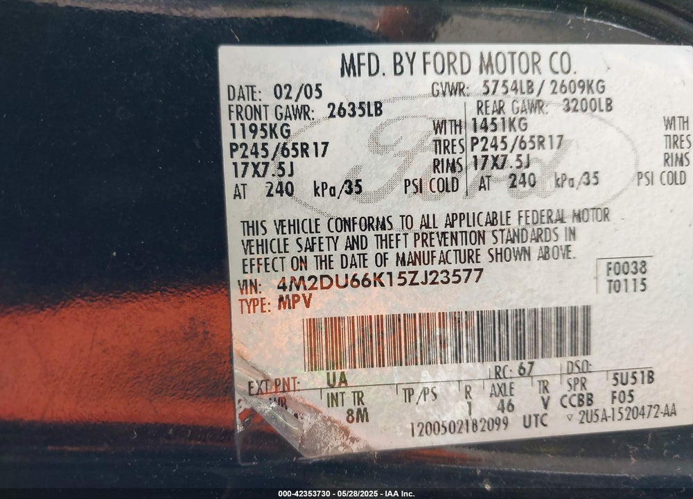 2005 MERCURY MOUNTAINEER VIN: 4M2DU66K15ZJ23577