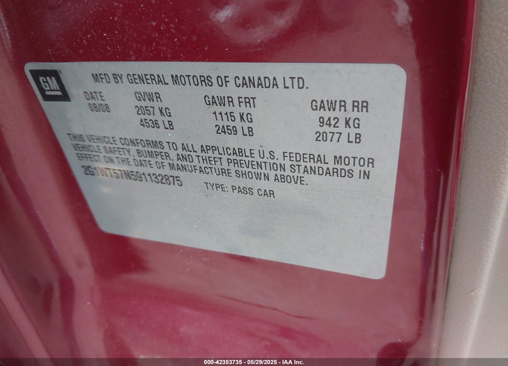 2009 CHEVROLET IMPALA LT VIN: 2G1WT57N591132875