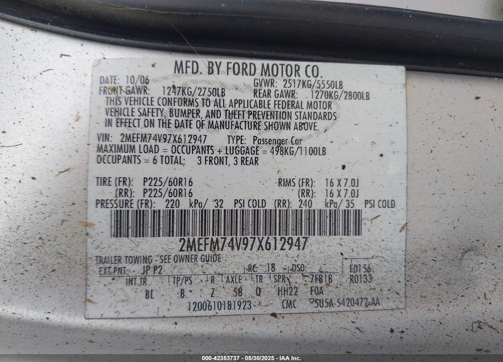 2007 MERCURY GRAND MARQUIS GS VIN: 2MEFM74V97X612947