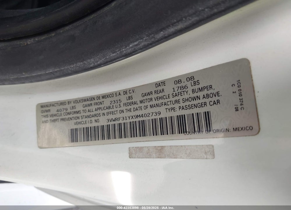 2009 VOLKSWAGEN NEW BEETLE VIN: 3VWRF31YX9M402739
