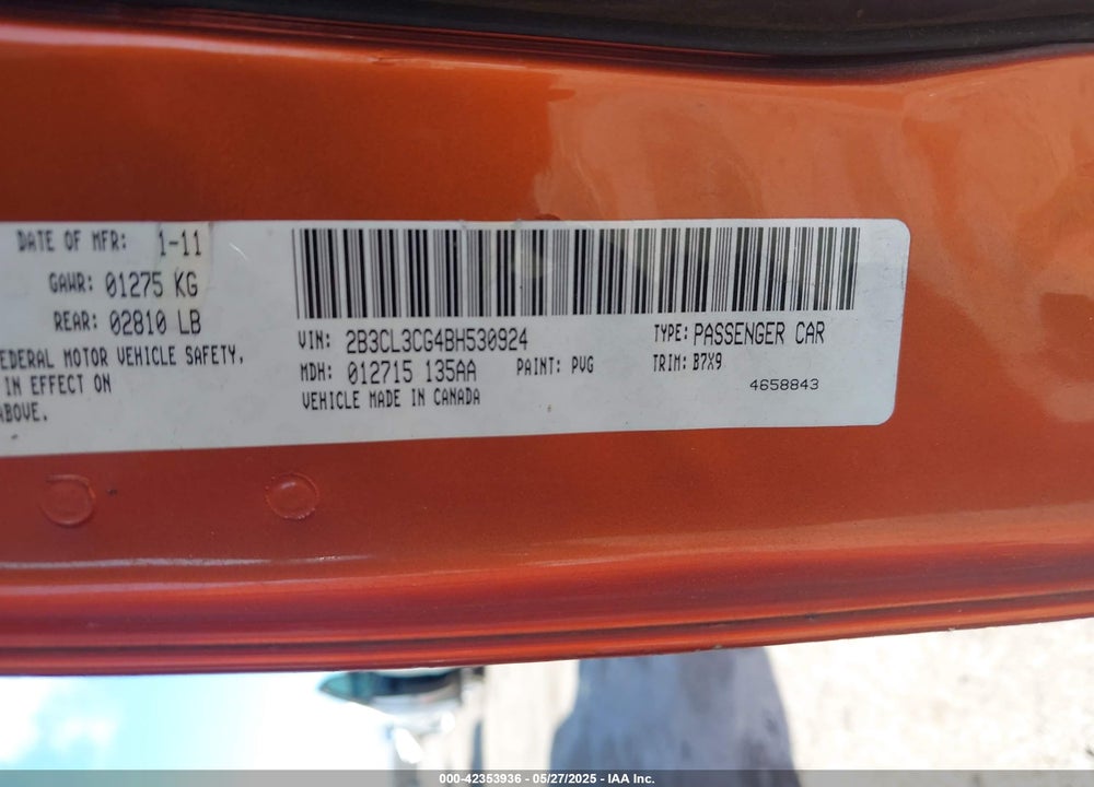 2011 DODGE CHARGER VIN: 2B3CL3CG4BH530924