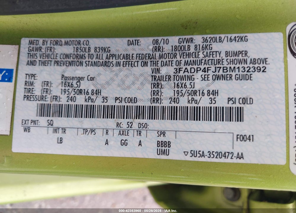 2011 FORD FIESTA SES VIN: 3FADP4FJ7BM132392