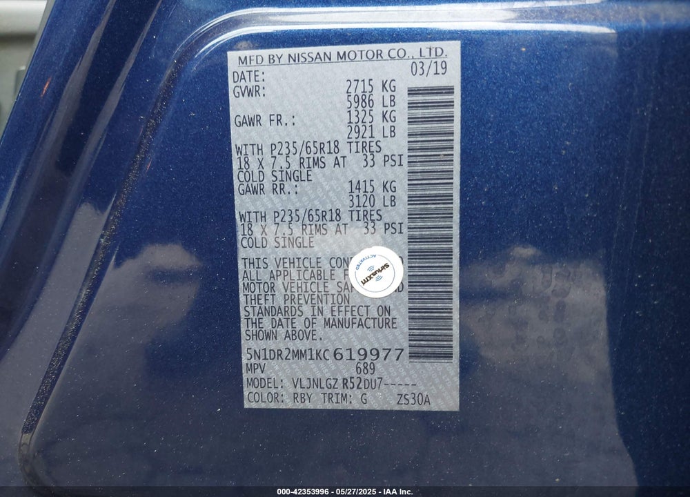2019 NISSAN PATHFINDER VIN: 5N1DR2MM1KC619977