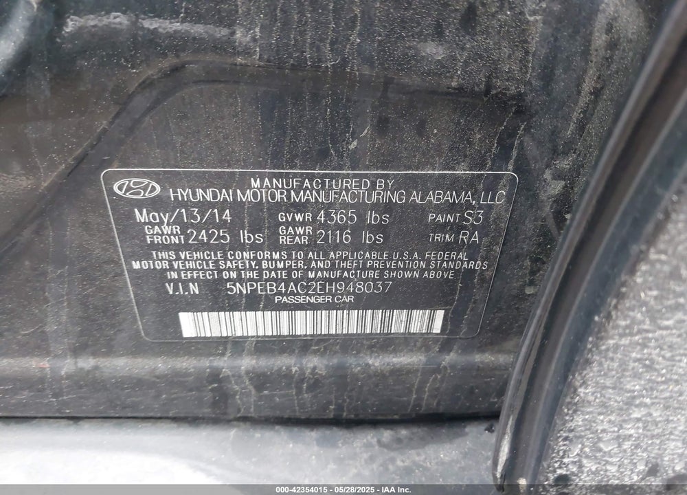 2014 HYUNDAI SONATA VIN: 5NPEB4AC2EH948037