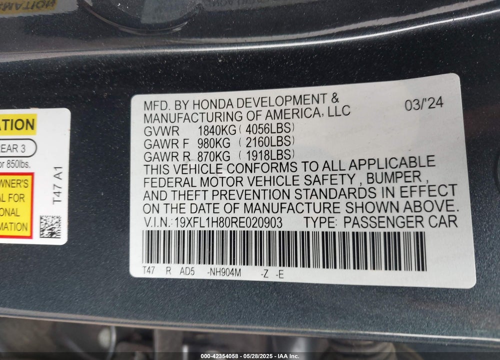 2024 HONDA CIVIC SPORT TOURING VIN: 19XFL1H80RE020903