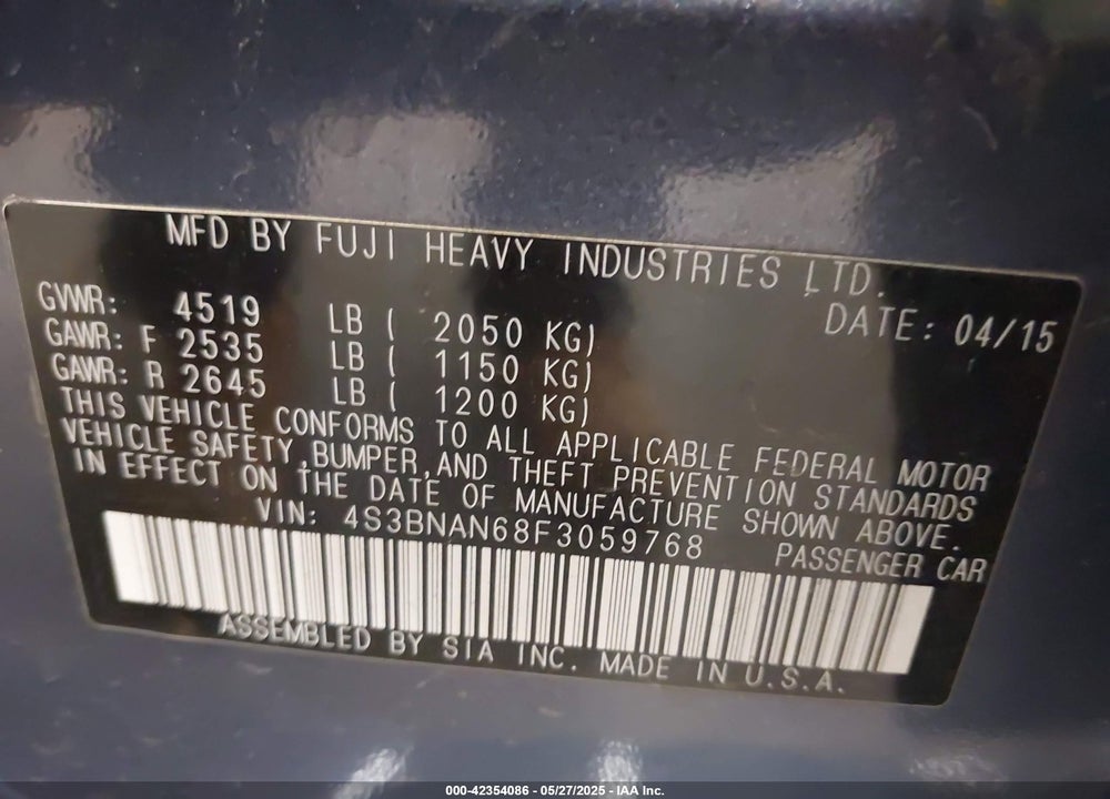 2015 SUBARU LEGACY VIN: 4S3BNAN68F3059768