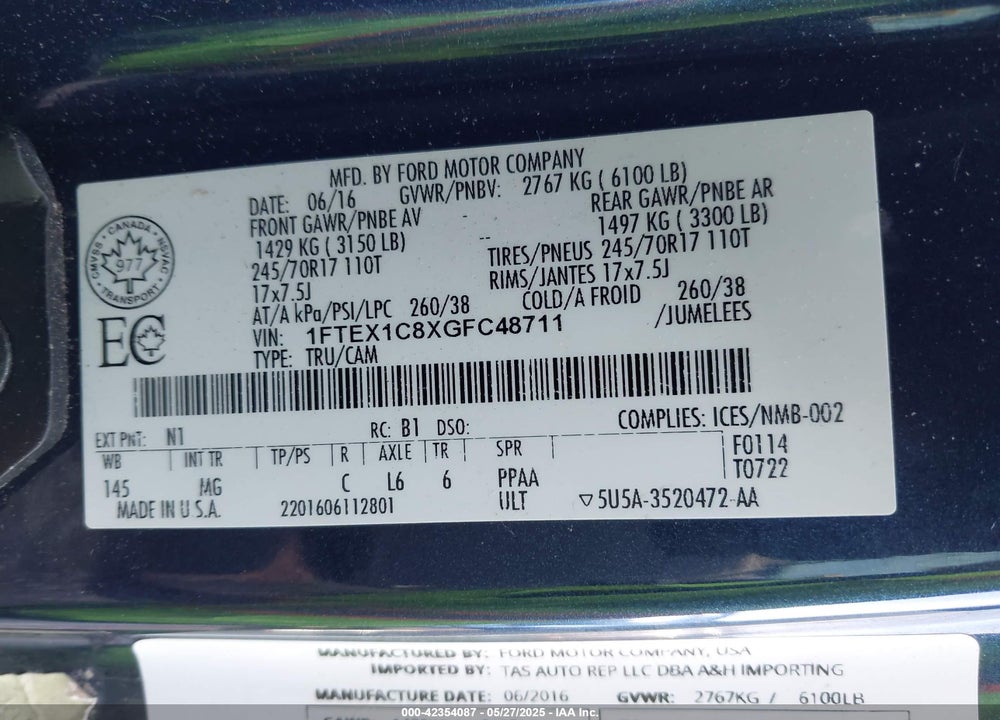 2016 FORD F150 SUPER CAB VIN: 1FTEX1C8XGFC48711