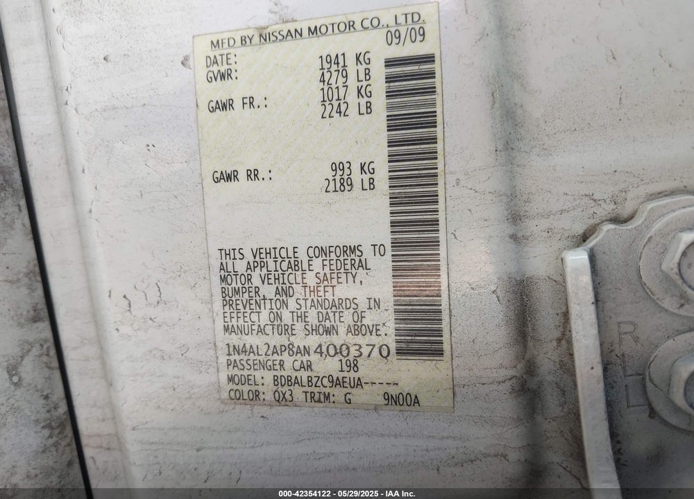 2010 NISSAN ALTIMA VIN: 1N4AL2AP8AN400370