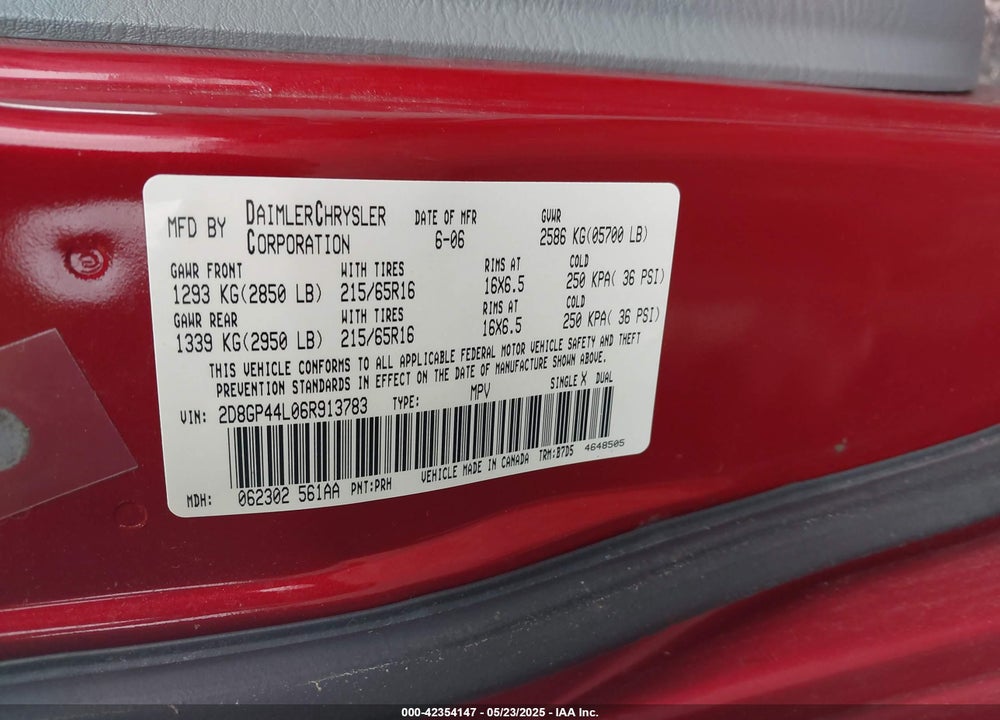 2006 DODGE GRAND CARAVAN SXT VIN: 2D8GP44L06R913783