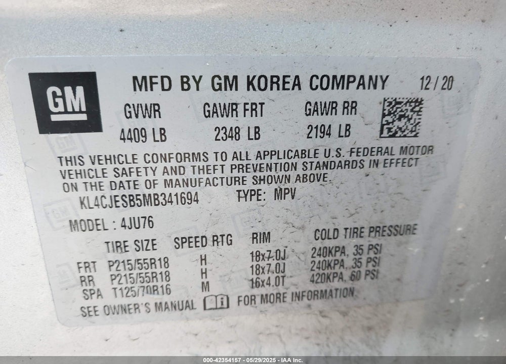 2021 BUICK ENCORE VIN: KL4CJESB5MB341694