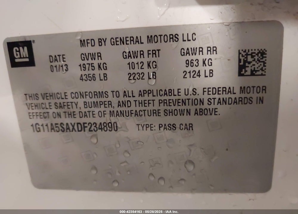 2013 CHEVROLET MALIBU VIN: 1G11A5SAXDF234890