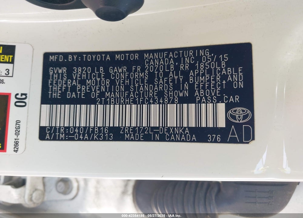 2015 TOYOTA COROLLA LE VIN: 2T1BURHE1FC434878