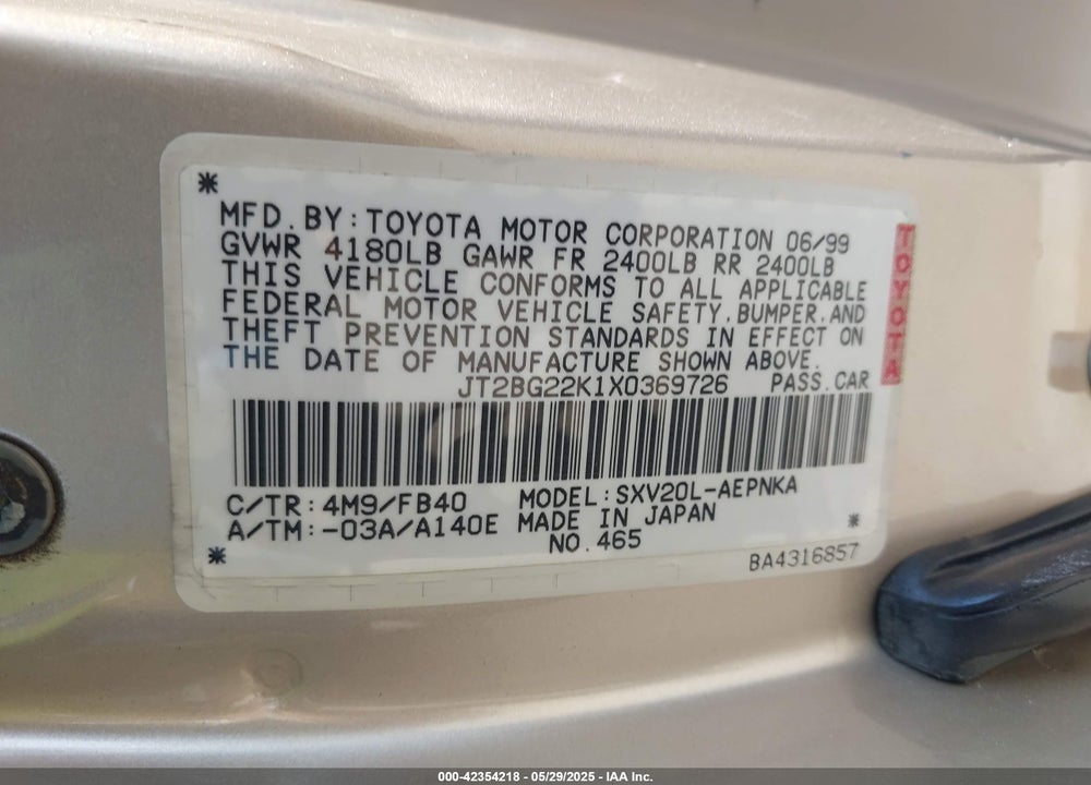 1999 TOYOTA CAMRY LE VIN: JT2BG22K1X0369726