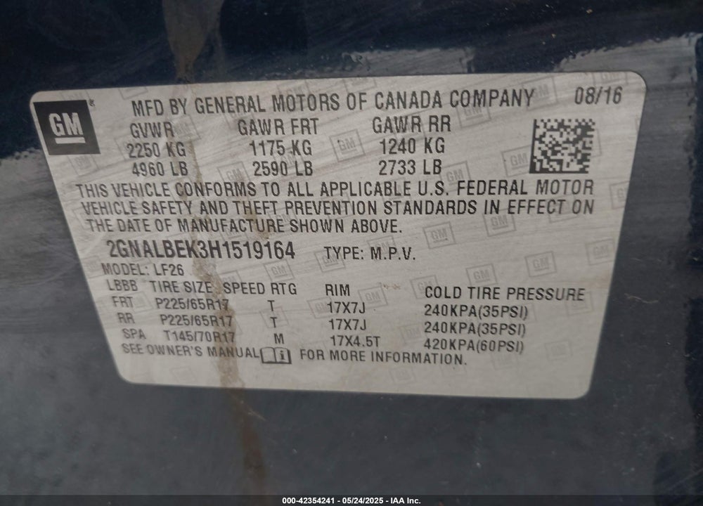 2017 CHEVROLET EQUINOX VIN: 2GNALBEK3H1519164
