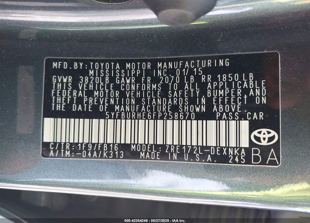 2015 TOYOTA COROLLA L/LE/LE PLUS/LE PREMIUM/S/S PLUS/S PREMIUM VIN: 5YFBURHE6FP258670
