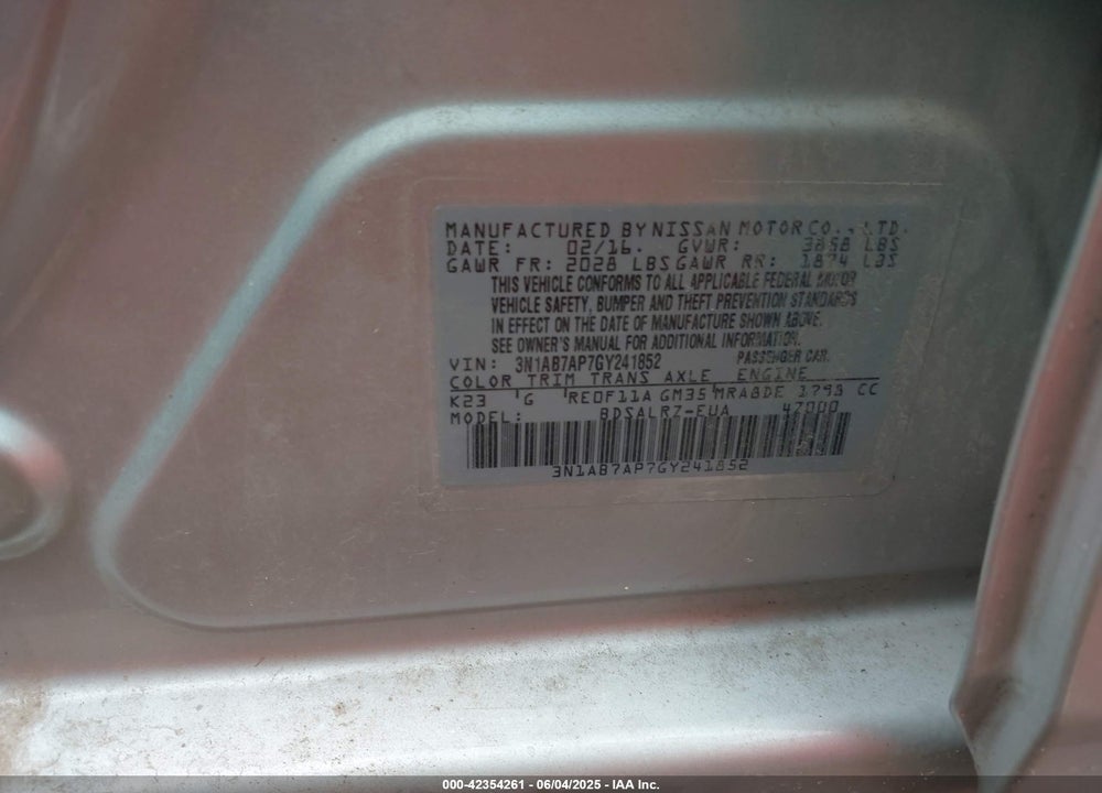 2016 NISSAN SENTRA VIN: 3N1AB7AP7GY241852