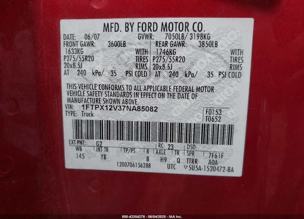 2007 FORD F-150 LARIAT/STX/XL/XLT VIN: 1FTPX12V37NA85082