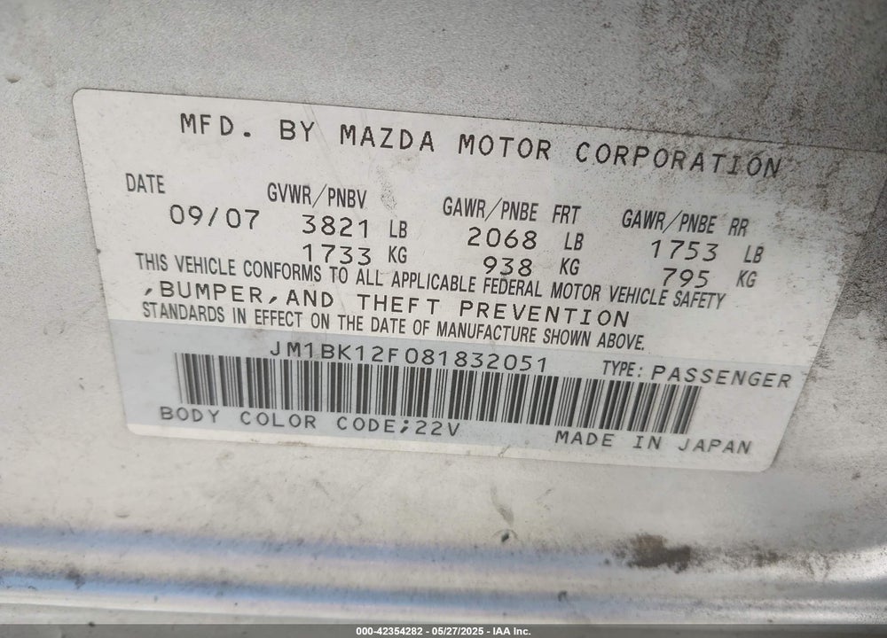 2008 MAZDA 3 VIN: JM1BK12F081832051