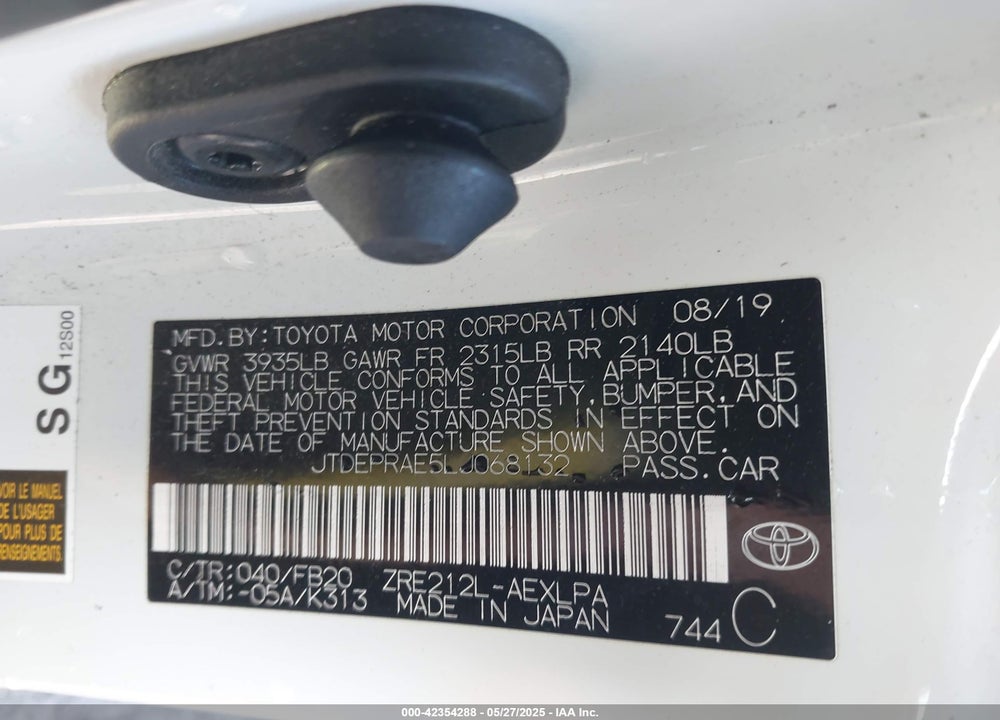 2020 TOYOTA COROLLA VIN: JTDEPRAE5LJ068132