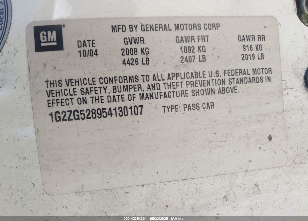2005 PONTIAC G6 VIN: 1G2ZG528954130107
