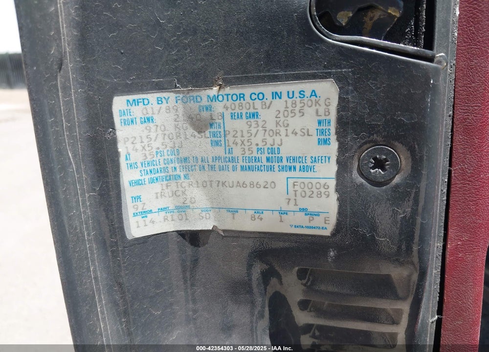 1989 FORD RANGER VIN: 1FTCR10T7KUA68620
