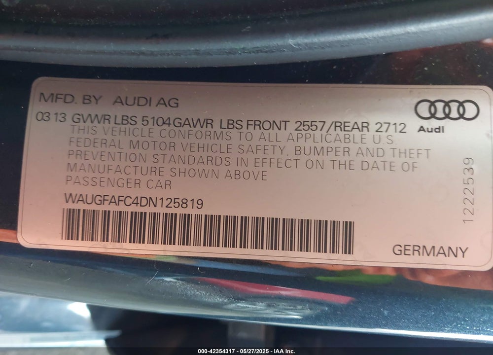 2013 AUDI A6 VIN: WAUGFAFC4DN125819