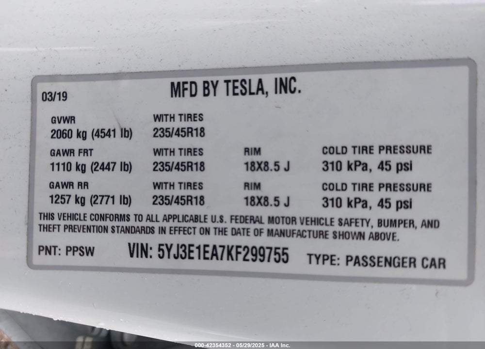 2019 TESLA MODEL 3 LONG RANGE/MID RANGE/STANDARD RANGE/STANDARD RANGE PLUS VIN: 5YJ3E1EA7KF299755