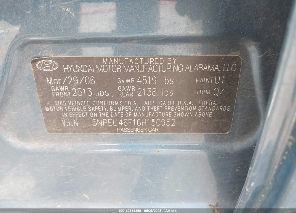 2006 HYUNDAI SONATA GLS V6/LX V6 VIN: 5NPEU46F16H150952