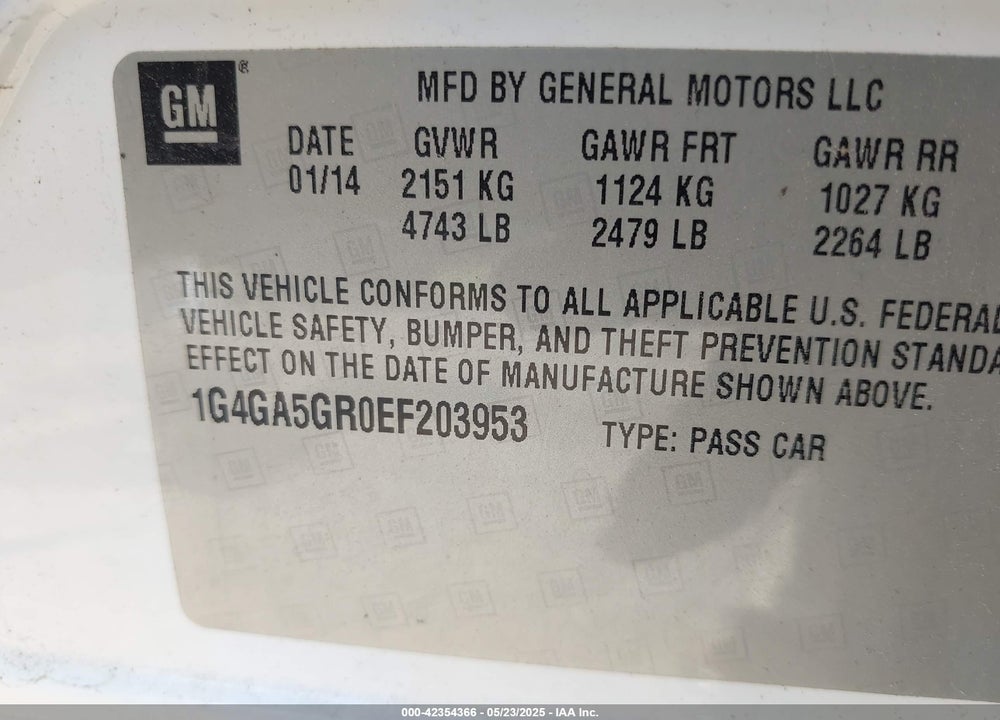 2014 BUICK LACROSSE VIN: 1G4GA5GR0EF203953