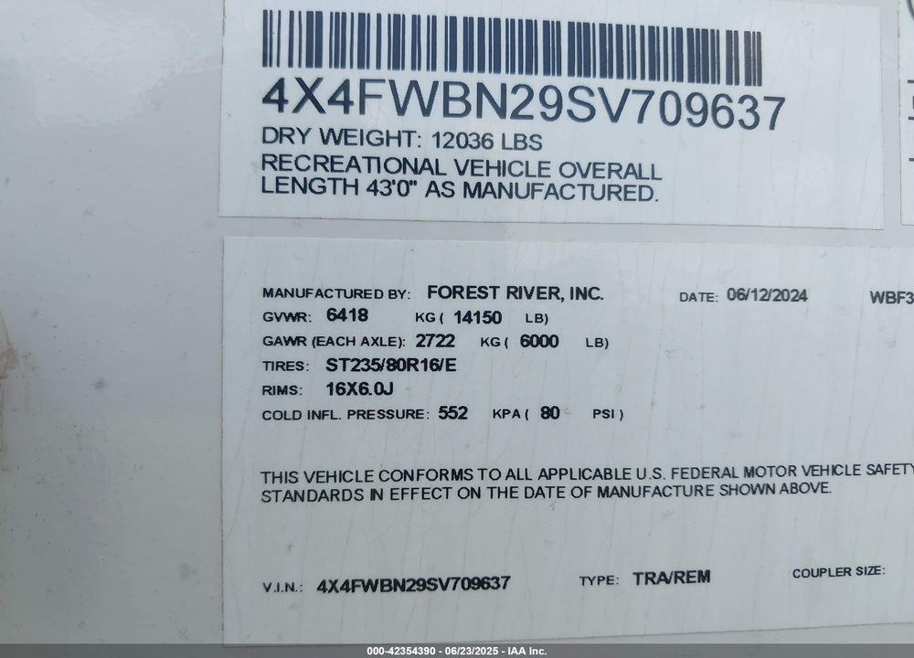 2025 WILDWOOD OTHER VIN: 4X4FWBN29SV709637