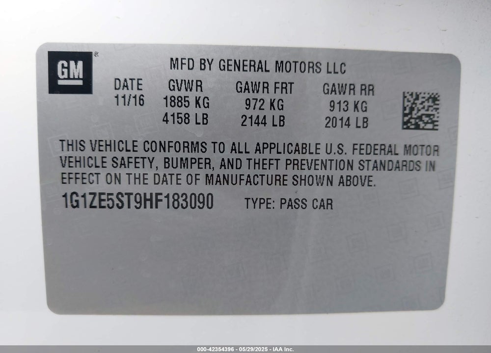 2017 CHEVROLET MALIBU 1LT VIN: 1G1ZE5ST9HF183090