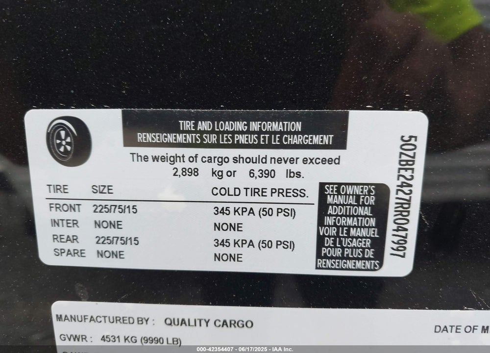 2024 QUAL CARGO VIN: 50ZBE2427RR047997
