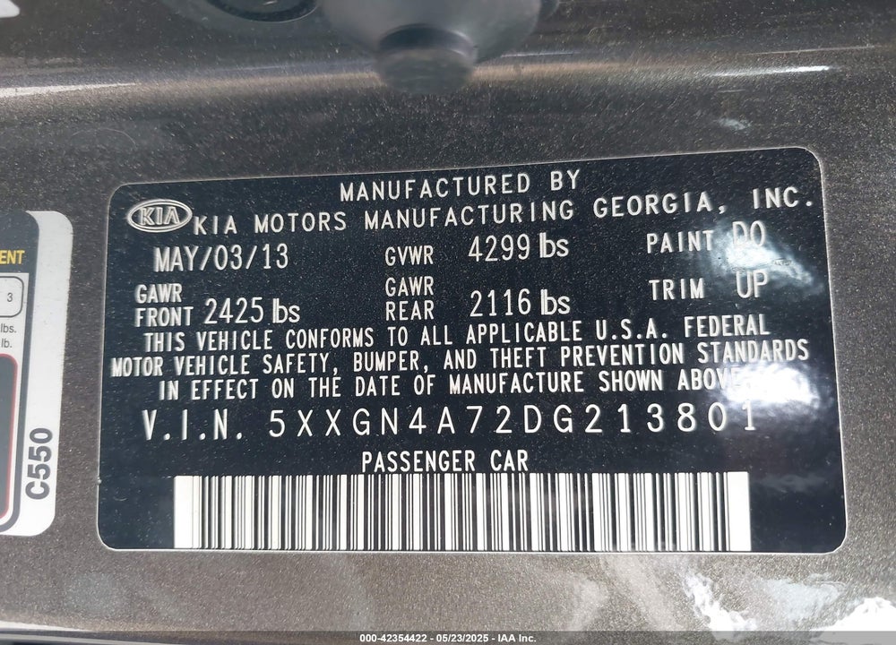 2013 KIA OPTIMA VIN: 5XXGN4A72DG213801