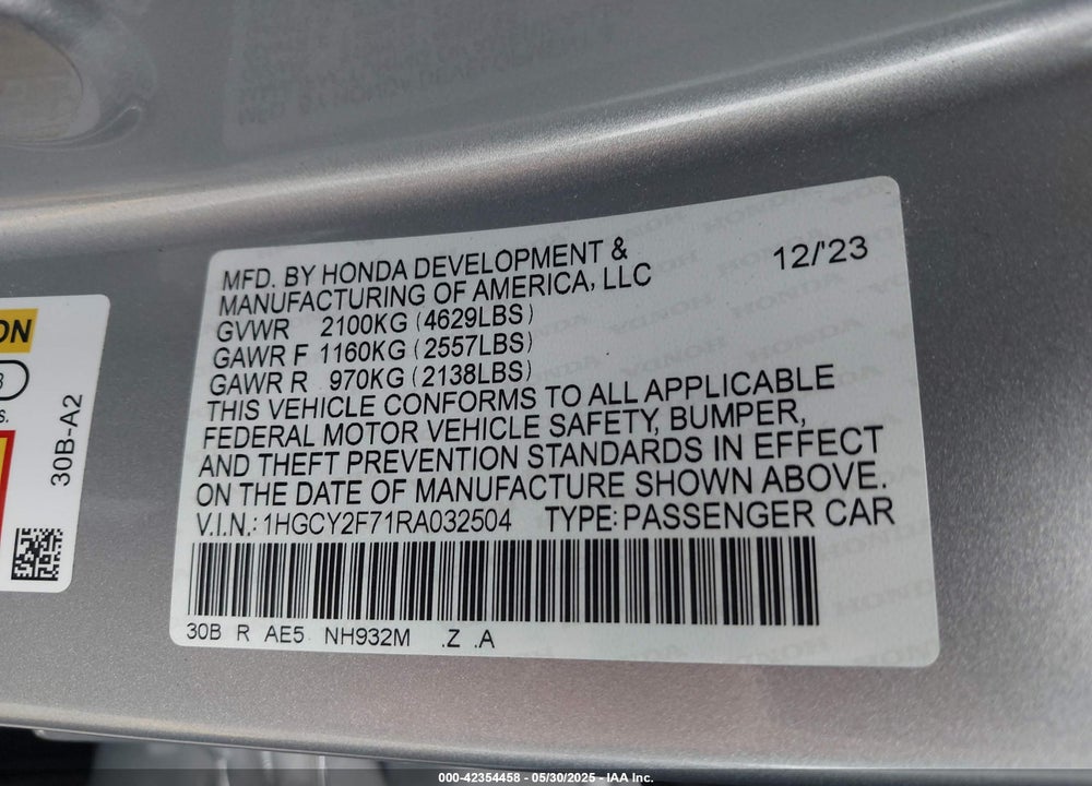 2024 HONDA ACCORD VIN: 1HGCY2F71RA032504