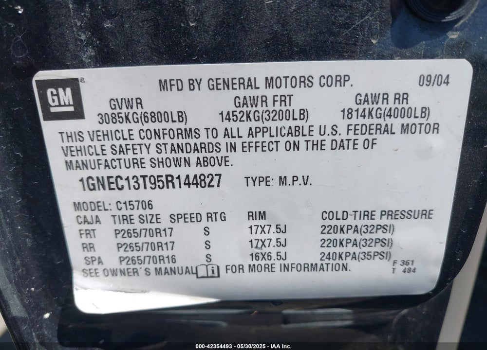 2005 CHEVROLET TAHOE LT VIN: 1GNEC13T95R144827