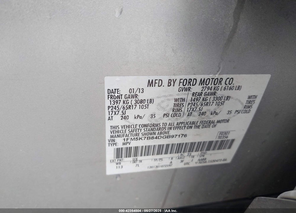 2013 FORD EXPLORER VIN: 1FM5K7B84DGB97176