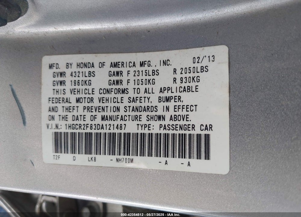2013 HONDA ACCORD VIN: 1HGCR2F83DA121487