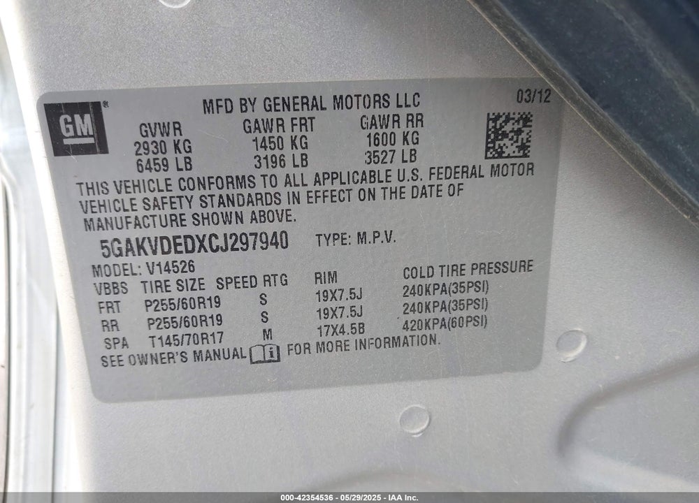 2012 BUICK ENCLAVE VIN: 5GAKVDEDXCJ297940