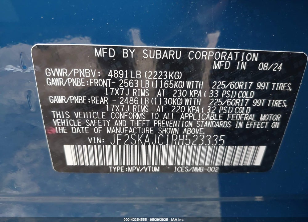 2024 SUBARU FORESTER VIN: JF2SKAJC1RH523335