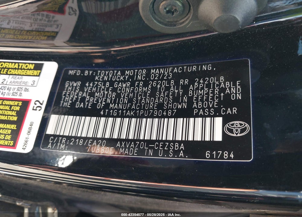 2023 TOYOTA CAMRY VIN: 4T1G11AK1PU790487