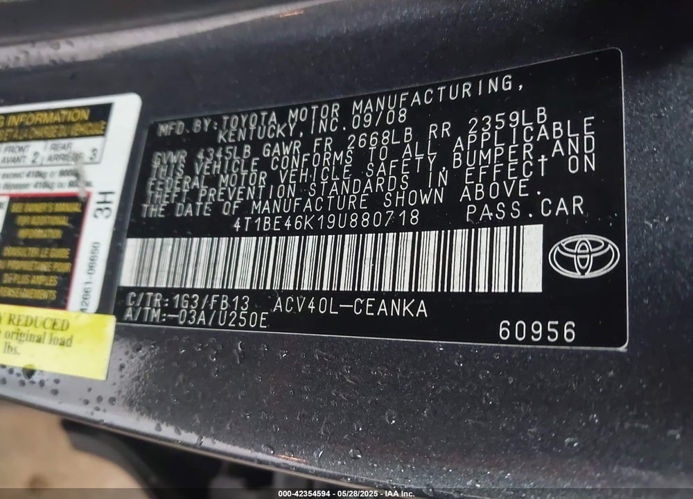 2009 TOYOTA CAMRY VIN: 4T1BE46K19U880718