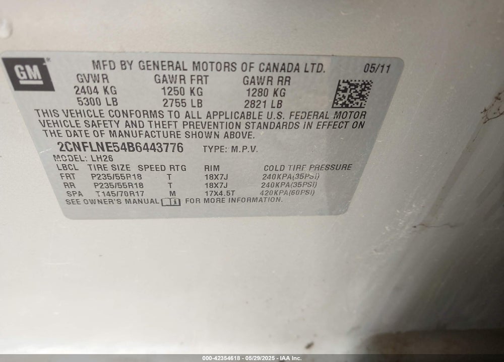2011 CHEVROLET EQUINOX VIN: 2CNFLNE54B6443776