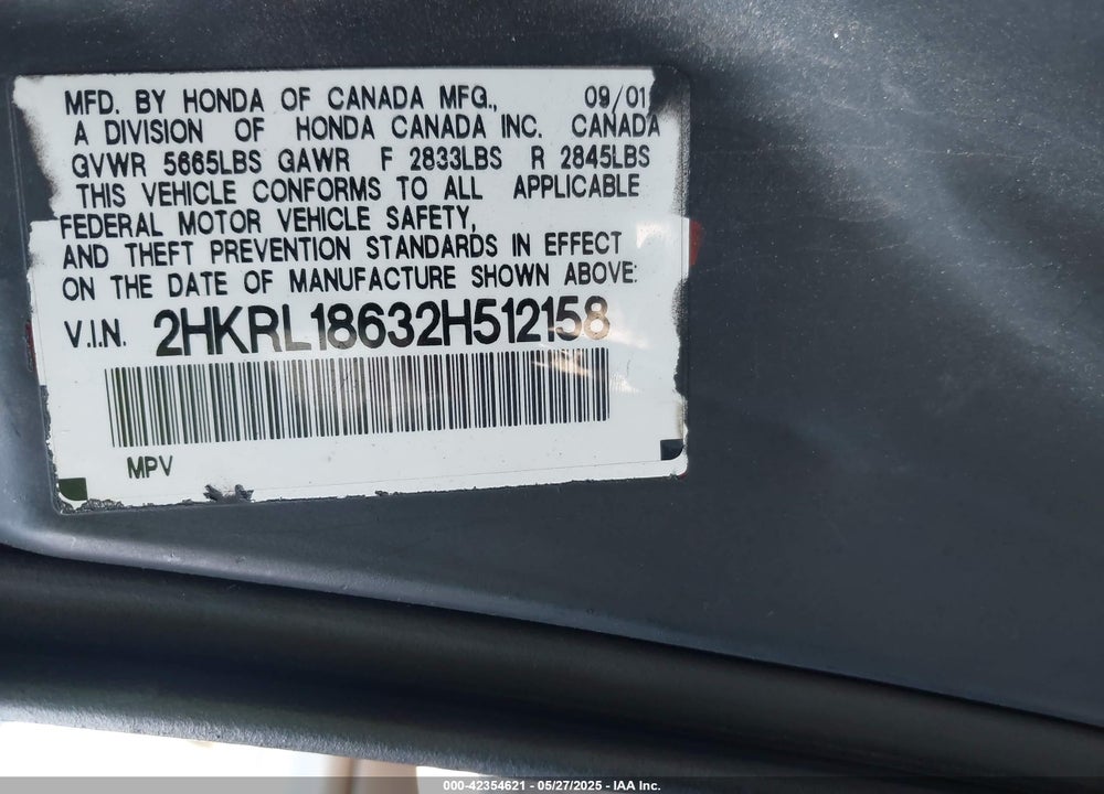 2002 HONDA ODYSSEY EX VIN: 2HKRL18632H512158