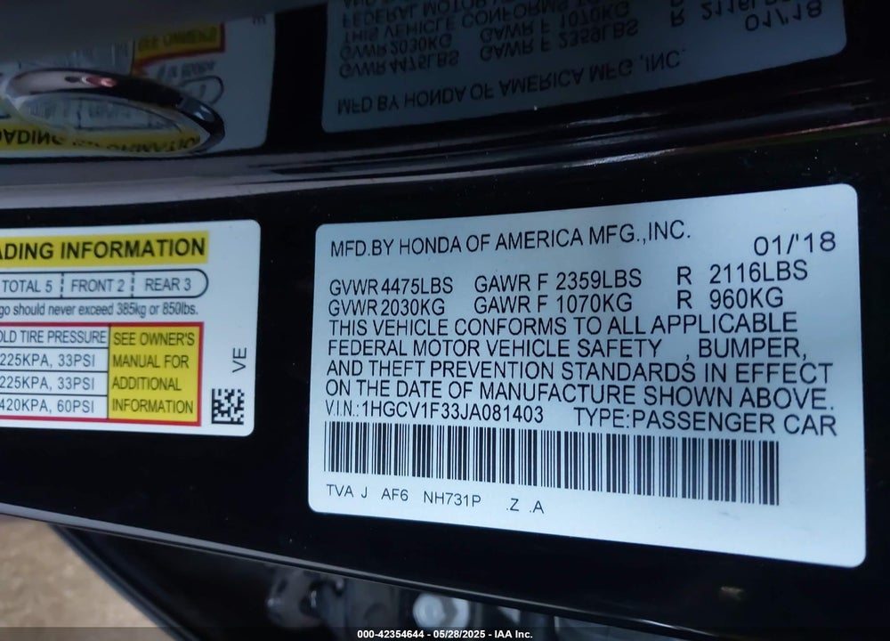 2018 HONDA ACCORD SPORT VIN: 1HGCV1F33JA081403